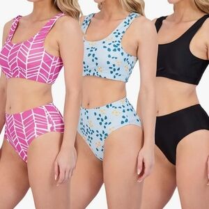 Real Essentials 3 Pack of Floral, Pink Pattern and Solid Black Bikinis Size M